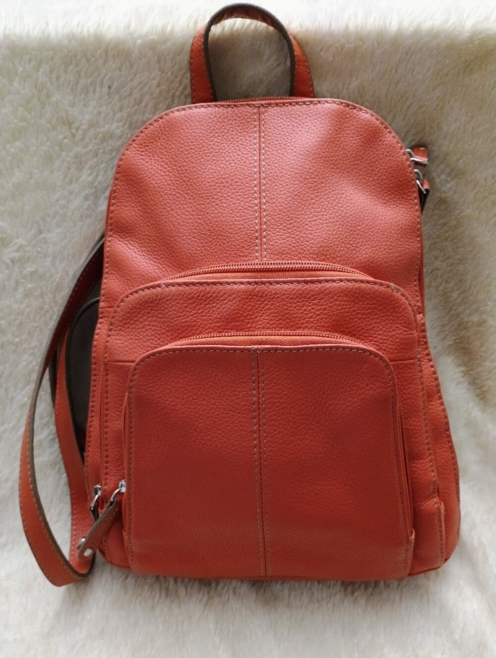 Tignanello Orange Pebbled Leather Backpack Purse Multi-Pocket